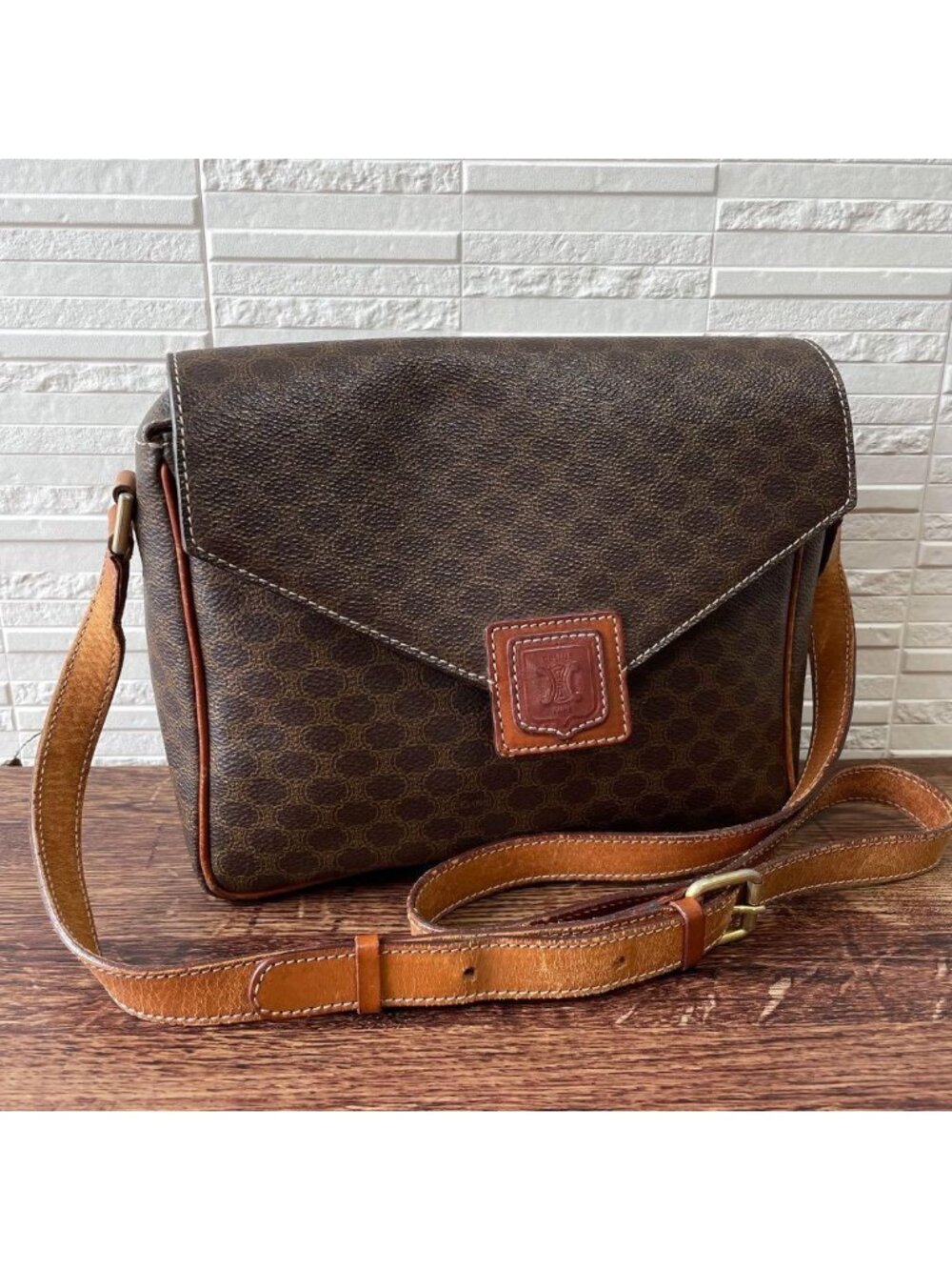 Celine Macadam Triomphe Logo Leather Shoulder Bag Brown